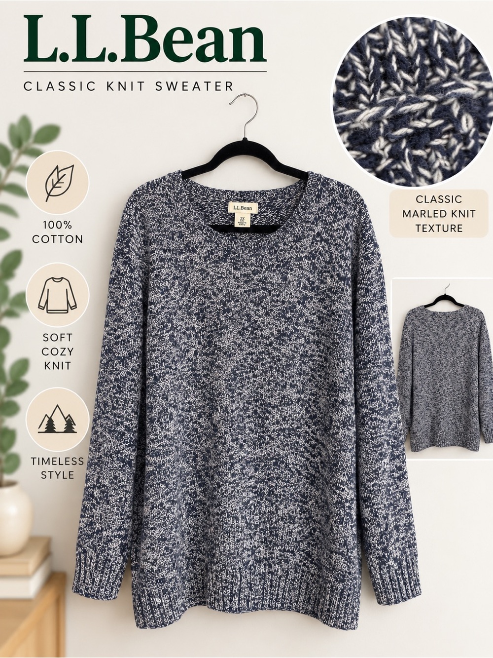 L.L.Bean 3X Navy White Marled Cotton Crewneck Sweater Plus Size